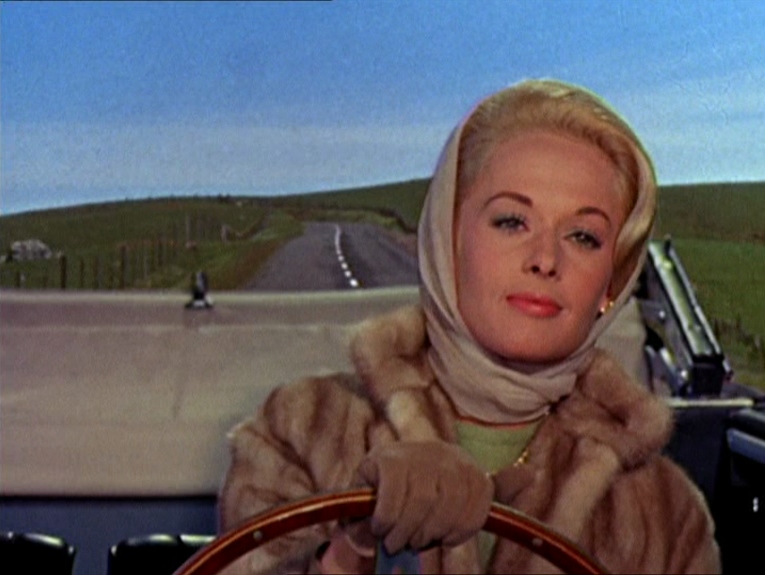 Melanie Daniels driving to Bodega Bay, pristine and golden