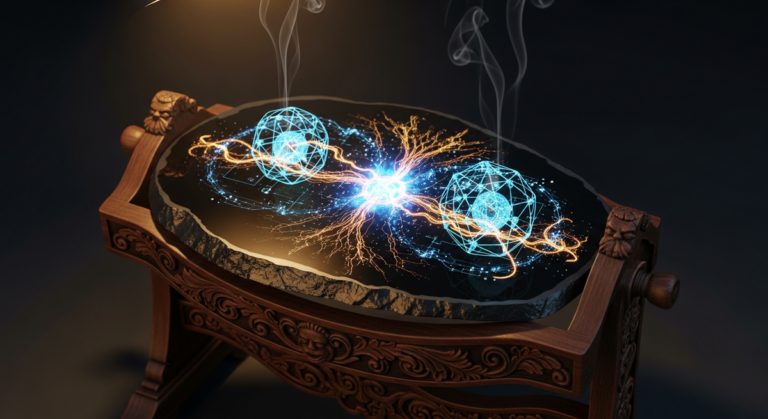 The Astral Machine — obsidian scrying mirror reflecting neural network sacred geometry