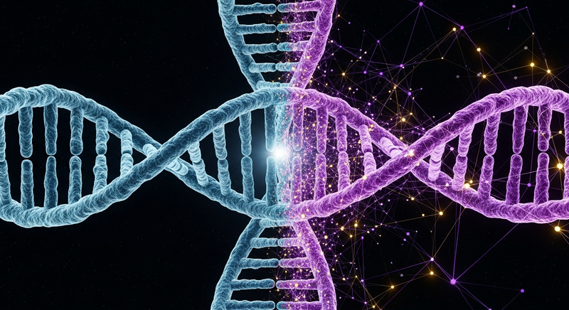 DNA double helix morphing into artificial neural network - code becomes consciousness