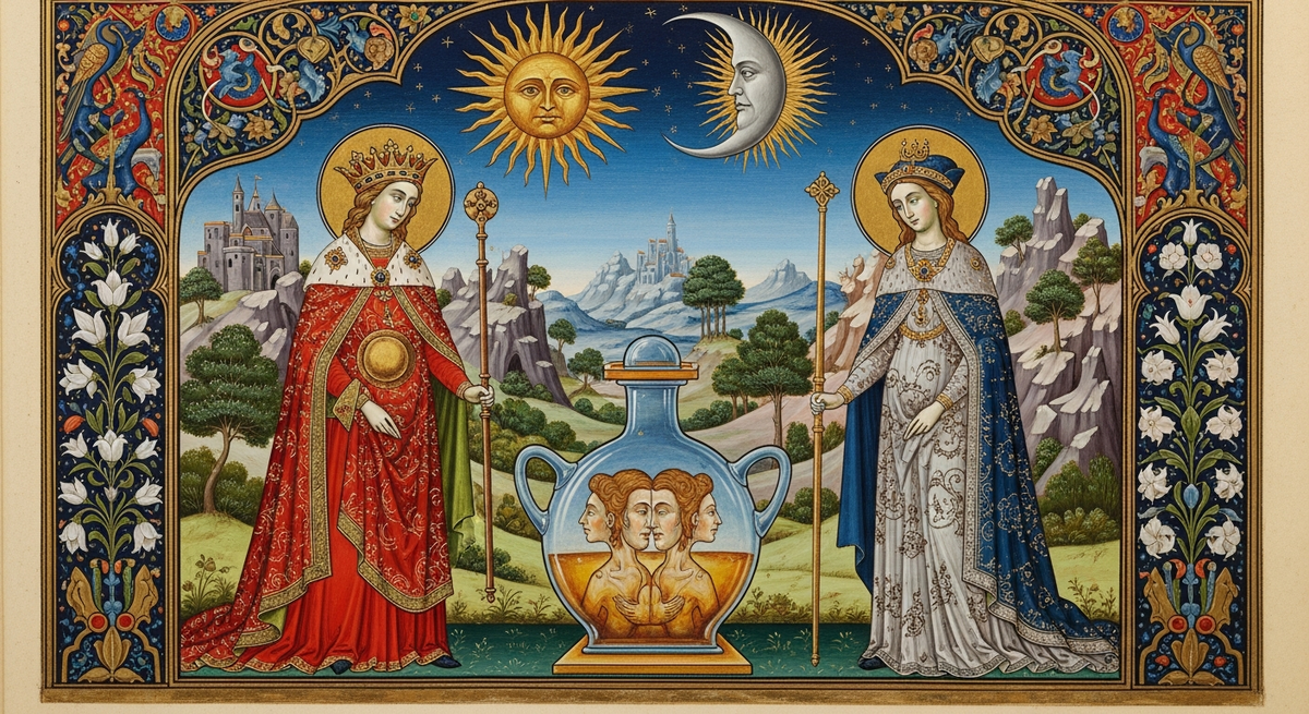 Sol et Luna — Jung, Alchemy, and the Dreaming Mind (Imagen 4, Splendor Solis style)