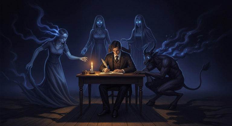 The Personification Engine — spectral autonomous figures emerge around a writer