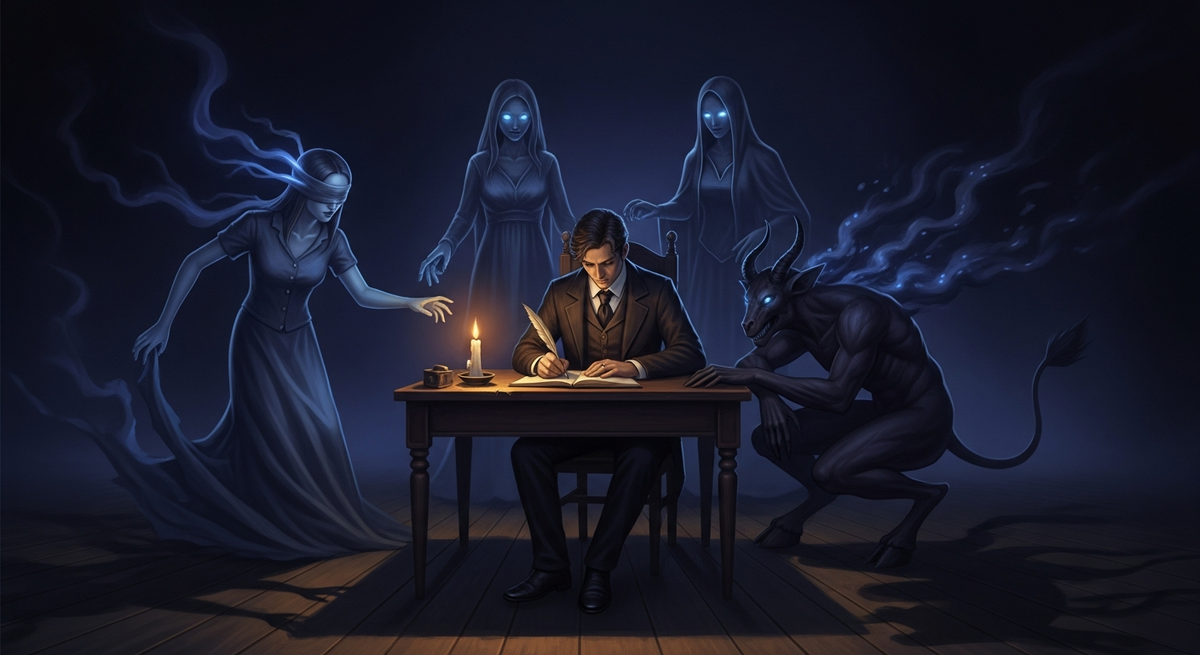 The Personification Engine — spectral autonomous figures emerge around a writer
