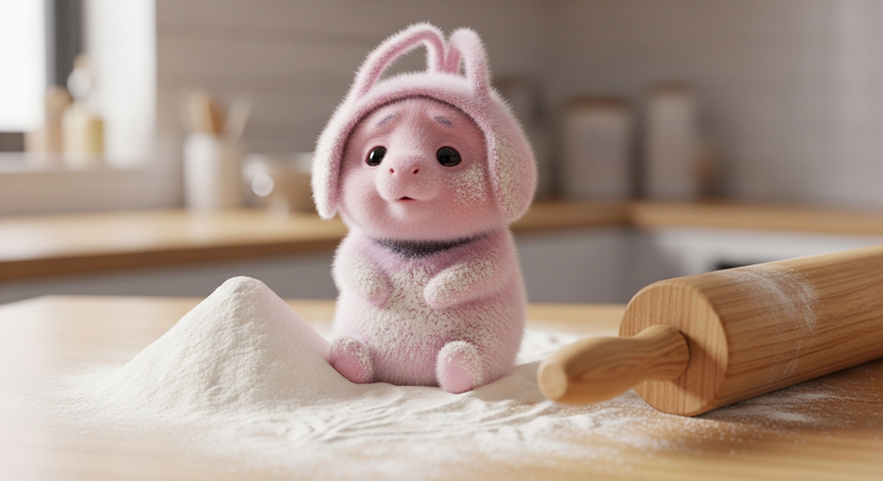 A tribble in a pile of flour