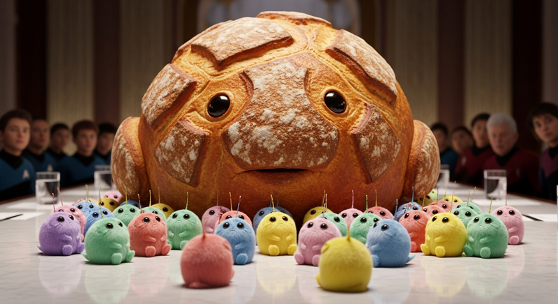 A bread tribble surrounded by real tribbles