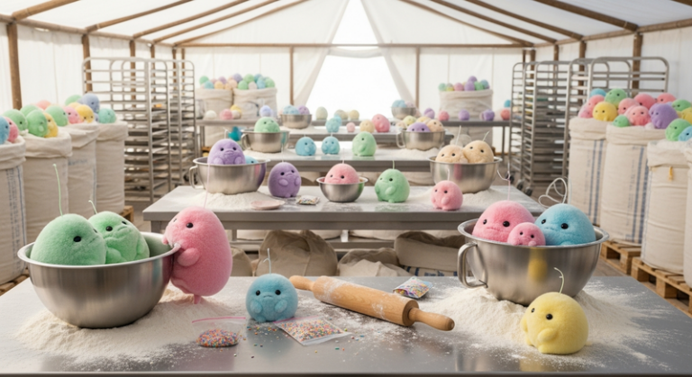 Tribbles in mixing bowls and flour bags in a baking tent