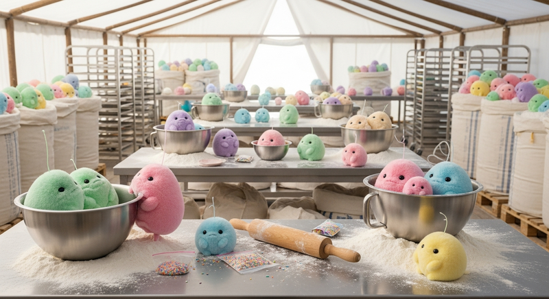 Tribbles in mixing bowls and flour bags in a baking tent