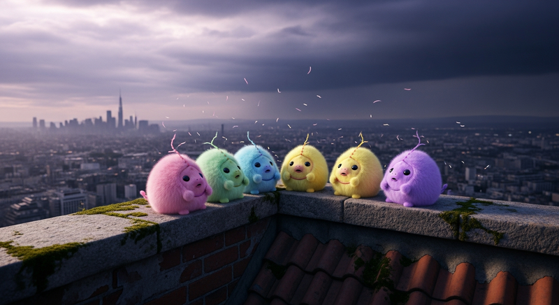 Tribbles on a rooftop overlooking a city
