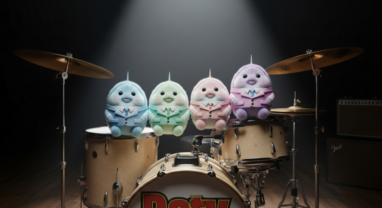 Four tribbles in matching suits on a drum kit