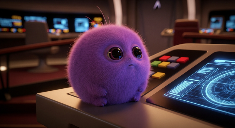 A single purple tribble sitting on the Enterprise bridge console