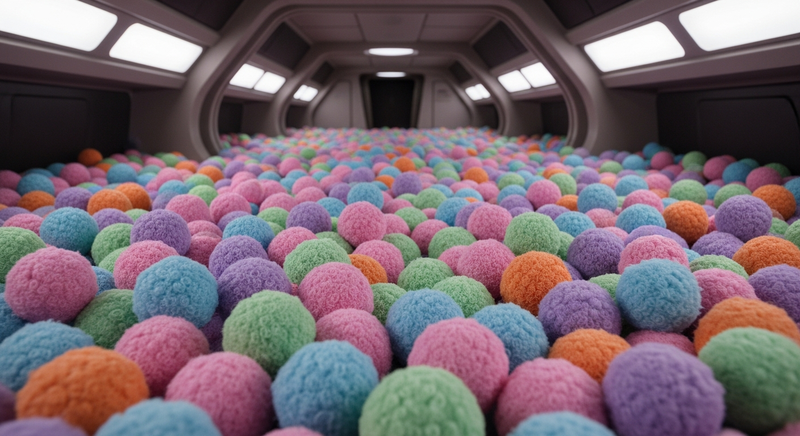 Hundreds of pastel tribbles filling a starship corridor