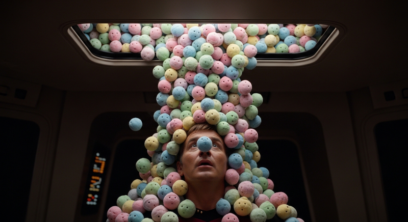 An avalanche of tribbles pouring from an overhead compartment onto a starship captain