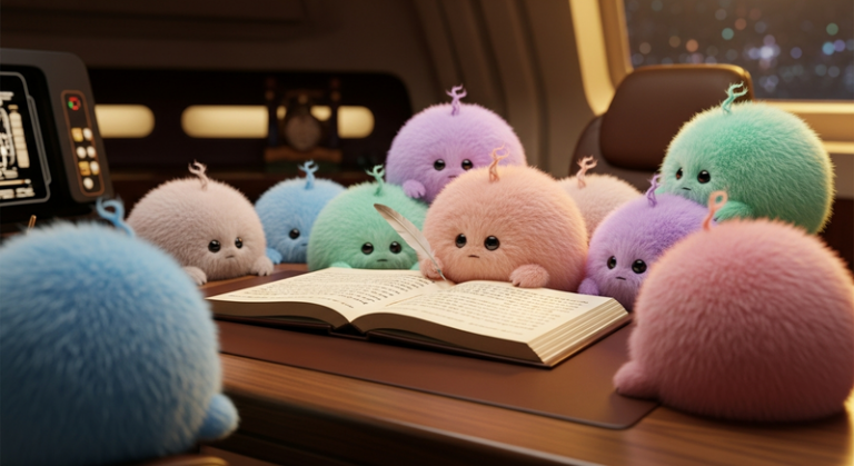 Pastel tribbles gathered around an open diary on a starship desk