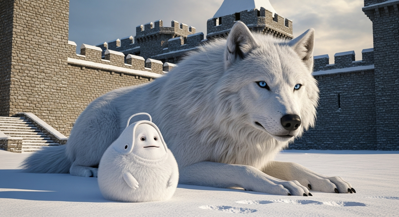 White tribble in snow next to a direwolf