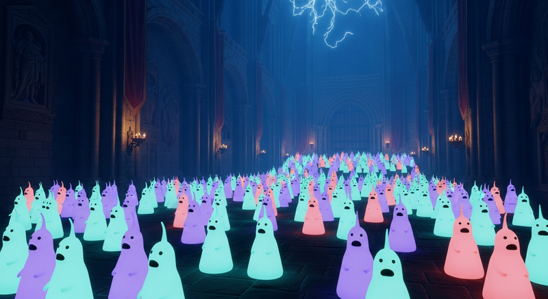 Tribbles screaming in a castle at night