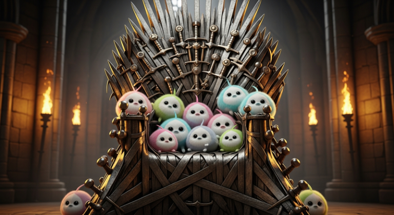 Tribbles nestled in the swords of an iron throne