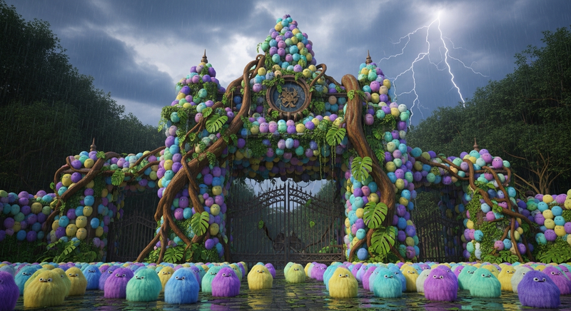 Tribbles covering an overgrown theme park entrance gate