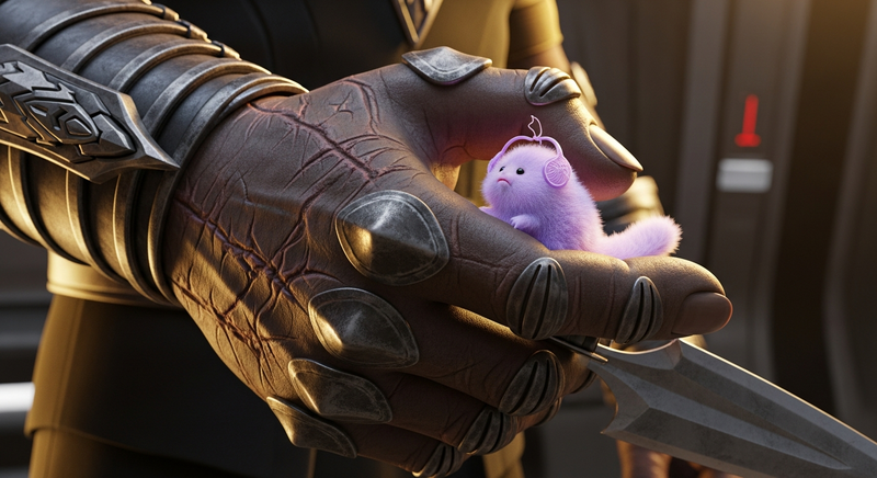 A Klingon hand gently holding a tiny tribble