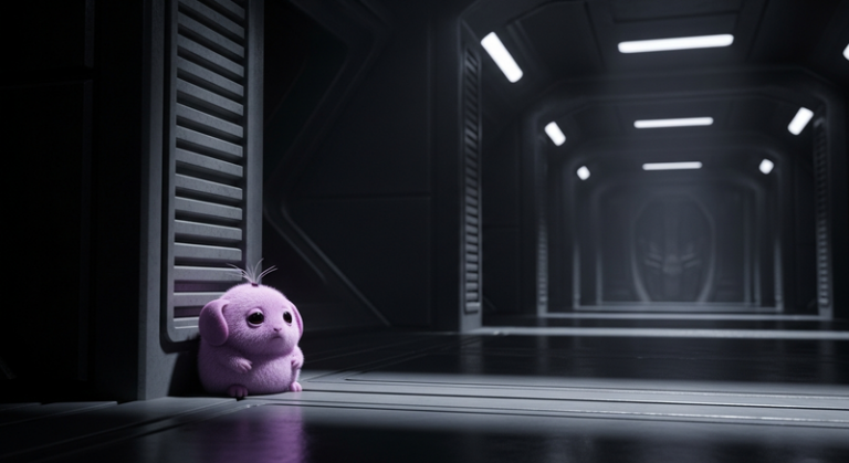 A single sad tribble alone in a dark Klingon ship corridor