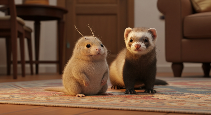 Tribble and ferret on a rug together