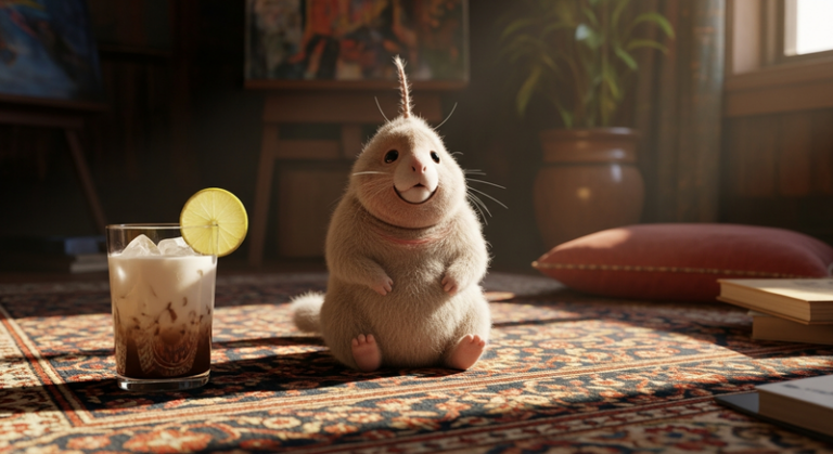 Beige tribble on a Persian rug with a White Russian