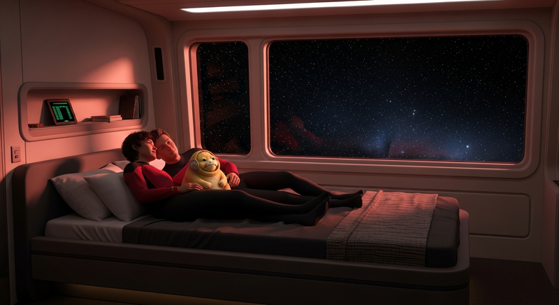 Two humans with a golden tribble