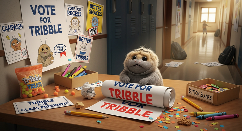 Tribble on a desk with Vote for Tribble posters