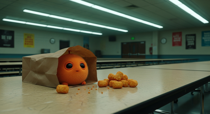 Orange tribble next to tater tots in a school cafeteria