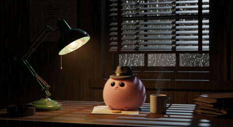 A tribble detective in a fedora under a desk lamp, film noir style