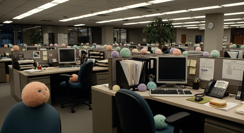 Tribbles on desks in a corporate office