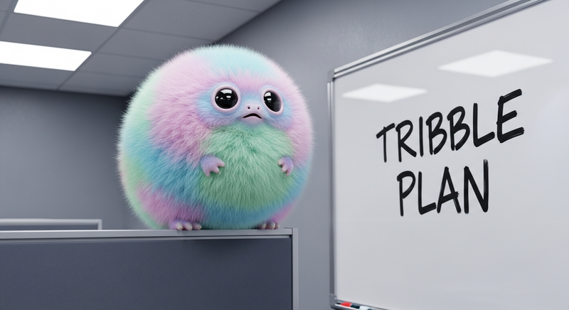 Tribble on a conference room whiteboard ledge