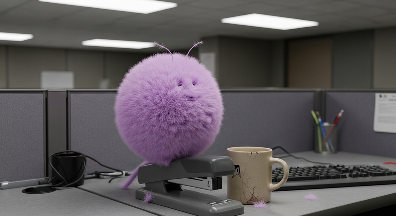 Purple tribble on an office desk next to a stapler