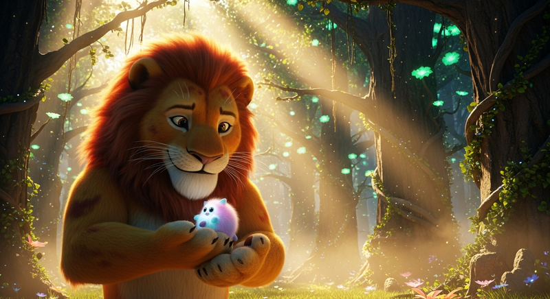 Lion holding a tiny tribble protectively