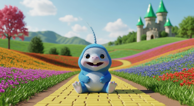 Blue tribble on a yellow brick road with emerald towers