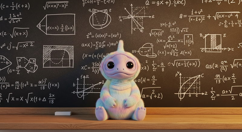 A tribble on a chalkboard ledge with equations