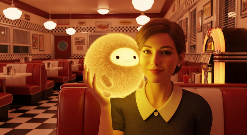 Woman holding golden tribble in a retro diner