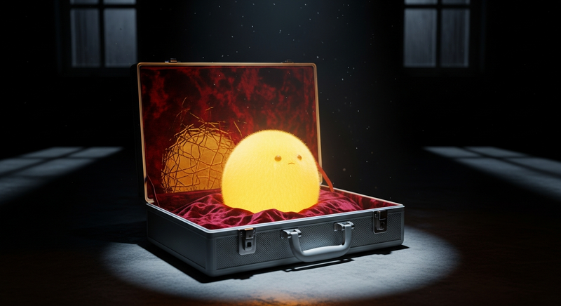 Golden glowing tribble in an open silver briefcase