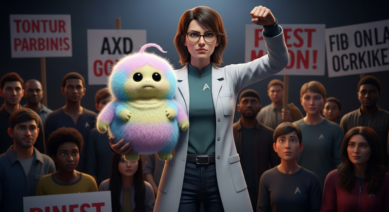 A woman scientist holding a tribble before a crowd