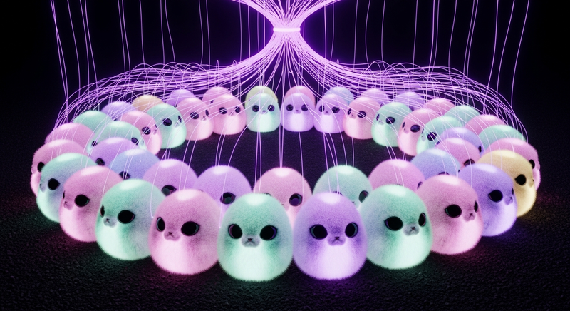 Tribbles connected by a glowing neural network