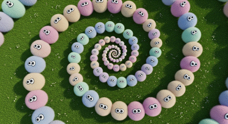 Thousands of tribbles in a Fibonacci spiral pattern