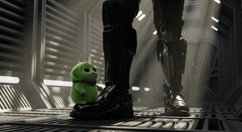 Green tribble on the boot of an armored figure
