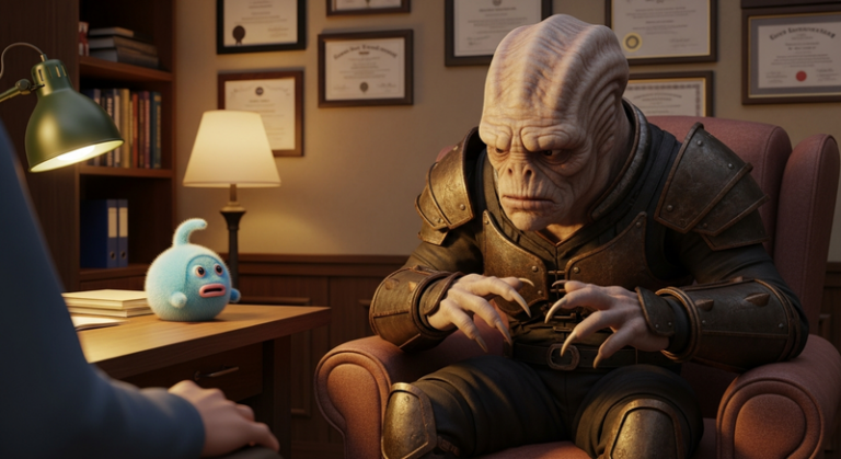 A Klingon warrior in a therapy chair with a tiny tribble nearby