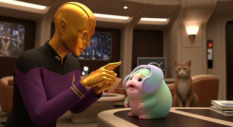 Android examining a tribble with his cat