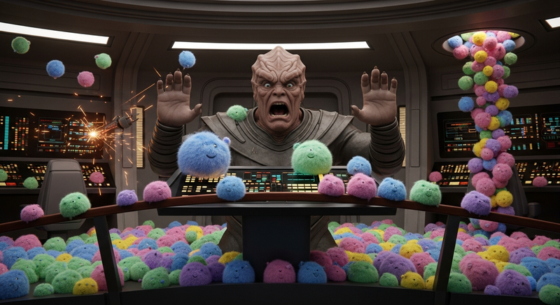 Alien warrior horrified by tribbles