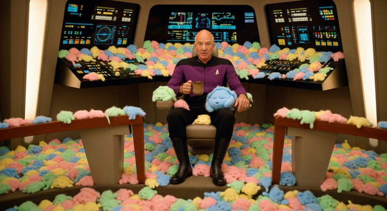 Captain Picard on bridge surrounded by tribbles