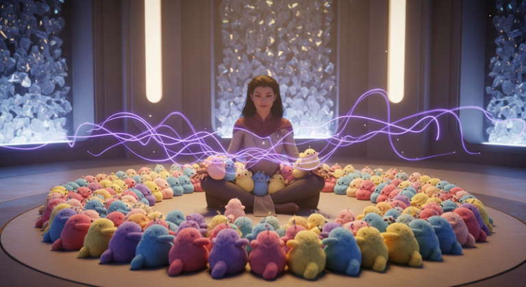 A Betazoid woman surrounded by tribbles in a circle, ethereal energy connecting them