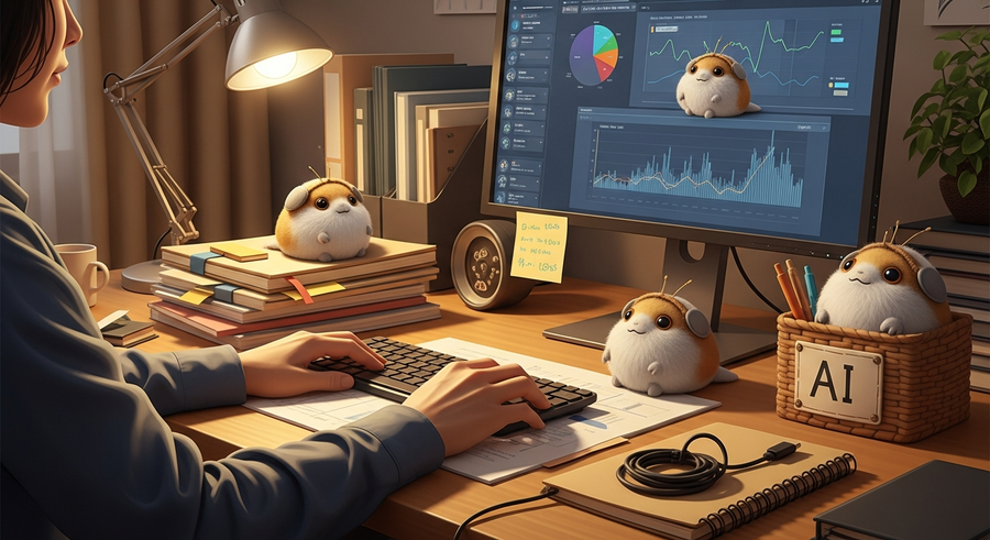 Person and tribbles working together peacefully