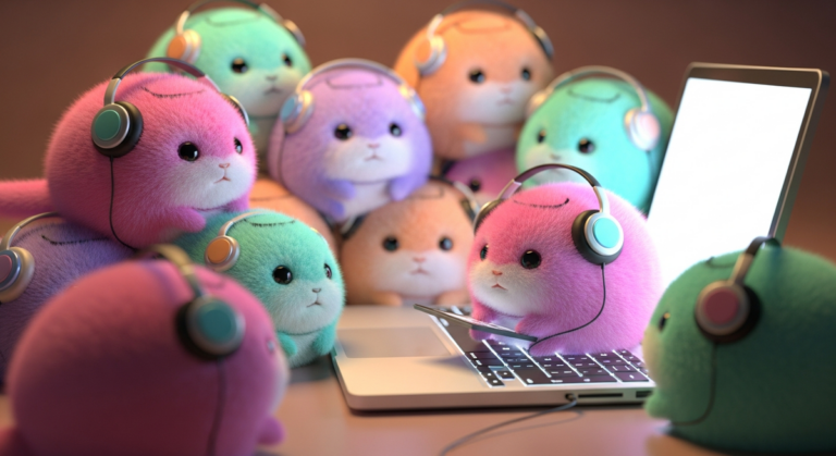 Pastel tribbles with headphones crowding around a laptop