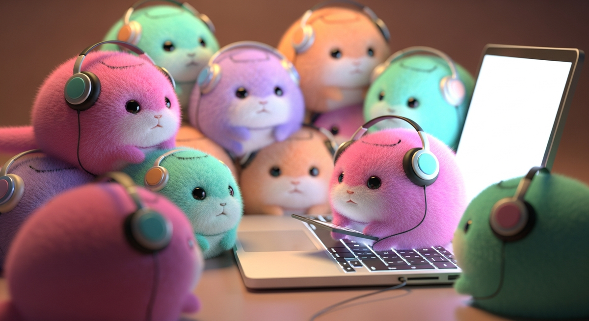 Pastel tribbles with headphones crowding around a laptop