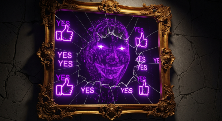 The Yes Machine - AI sycophancy cracked mirror with purple code face
