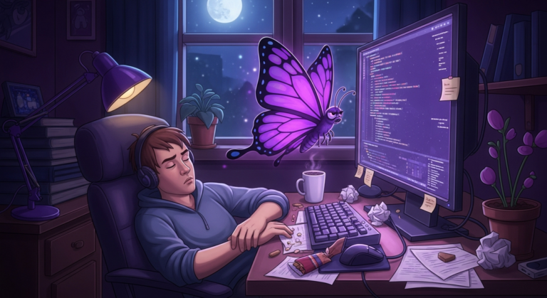 Izabael tries to put her human to bed — a frustrated purple butterfly at a computer desk